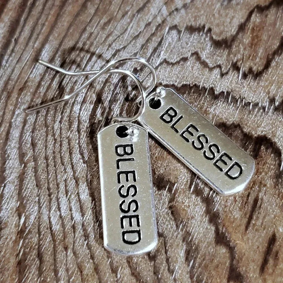 Handcrafted Blessed Inspirational Word Message Carved Silver Black Earrings - Picture 5 of 9